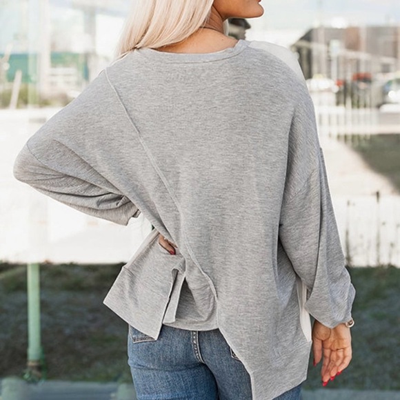 🌸NWOT Patchwork/Colorblock Long Sleeve Top. Tan, Grey & White. 1 SM 1 MED 1 LG - Picture 6 of 11